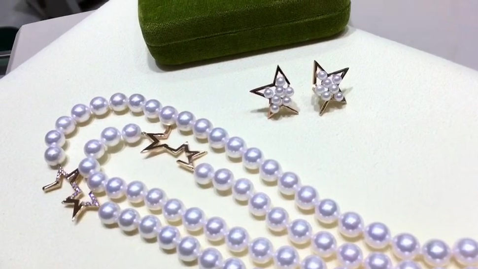 90cm, AAAA 7-7.5 mm Akoya Pearl Star Sweater Strand 18k Rose Gold